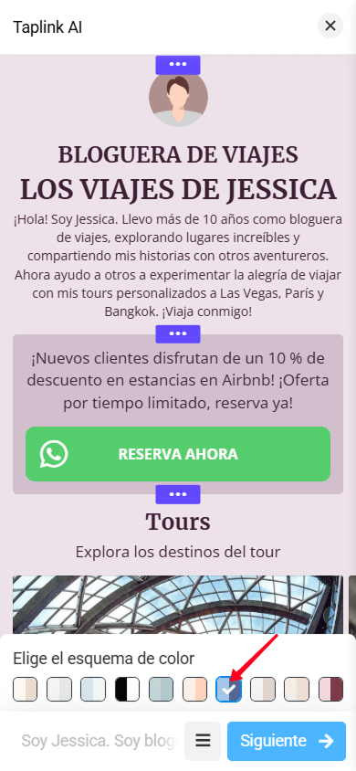 Una página de Taplink AI con un esquema de color rosa