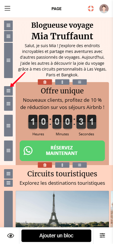 Maintenir l’icône de déplacement pour déplacer un bloc dans Taplink