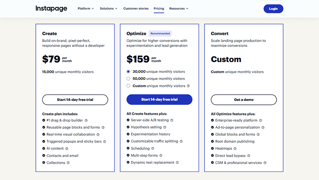 Three pricing plans of the Instapage landing page builder
