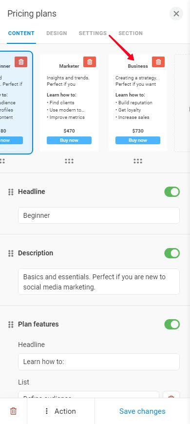 Tapping a pricing plan in the block settings