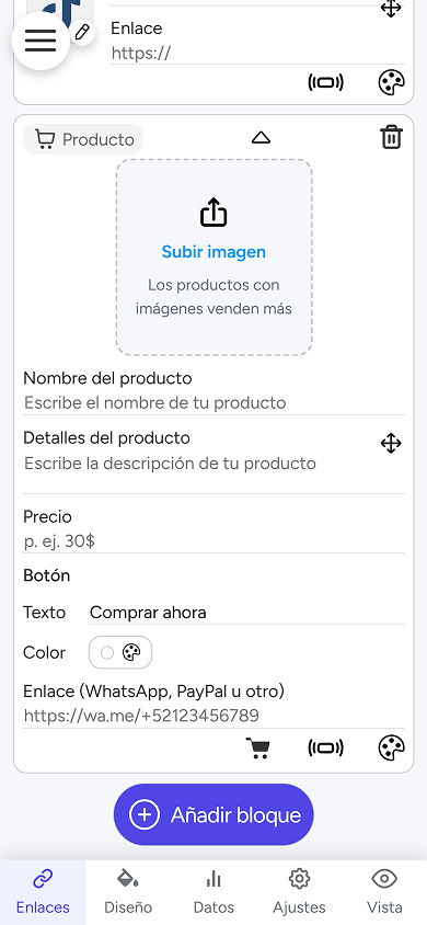 Personalización del bloque de productos digitales en la herramienta de enlace en la biografía de atom.bio