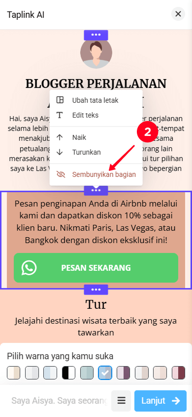 Memilih opsi Sembunyikan bagian di menu tarik-turun pengaturan bagian
