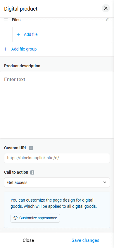 Digital product customization page displaying file, description, URL, button, and appearance settings