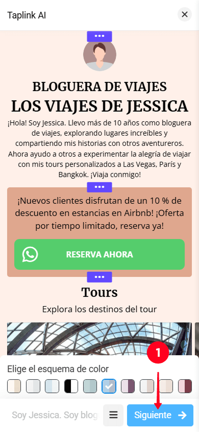 Tocando el botón Siguiente en el creador de páginas de Taplink AI
