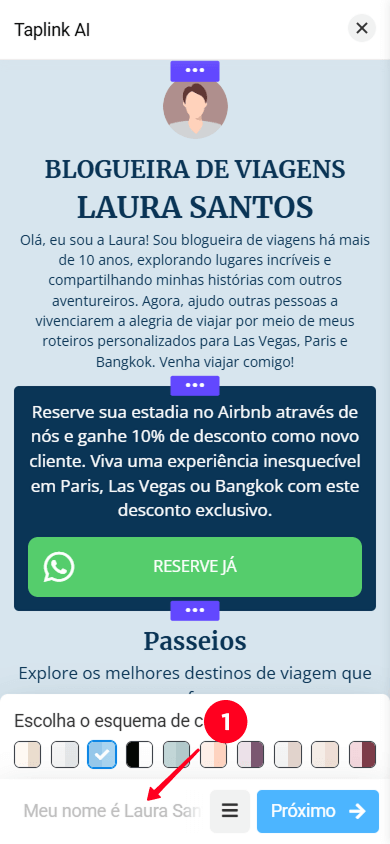 Tocando no campo de descrição do negócio na interface do Taplink AI