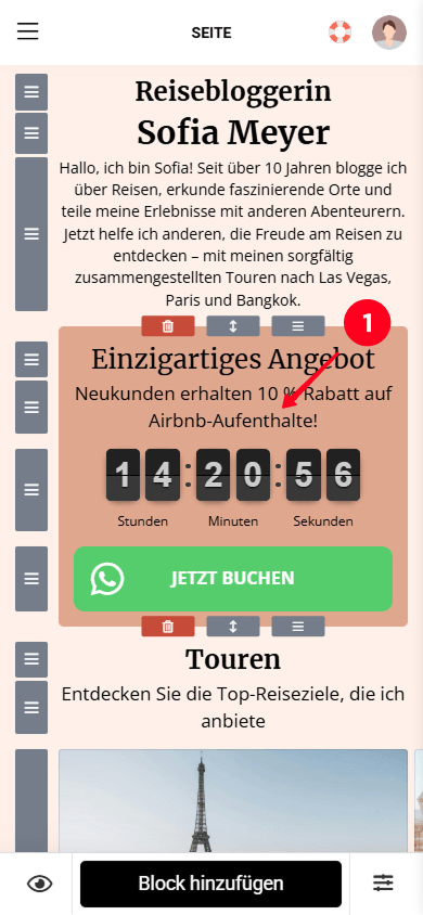 Tippen auf den Text-Block im Taplink-Editor