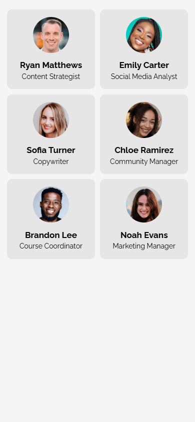 A team section featuring their photos, names, and roles created with the Media and text block