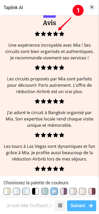 Appuyer sur la section Avis dans l’éditeur de page Taplink AI