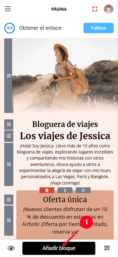 Tocando el botón Añadir bloque en el editor de páginas de Taplink