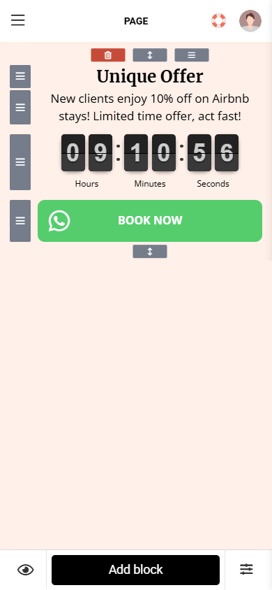 The Limited offer section that consists of Text, Timer, and Messaging apps blocks in the Taplink builder