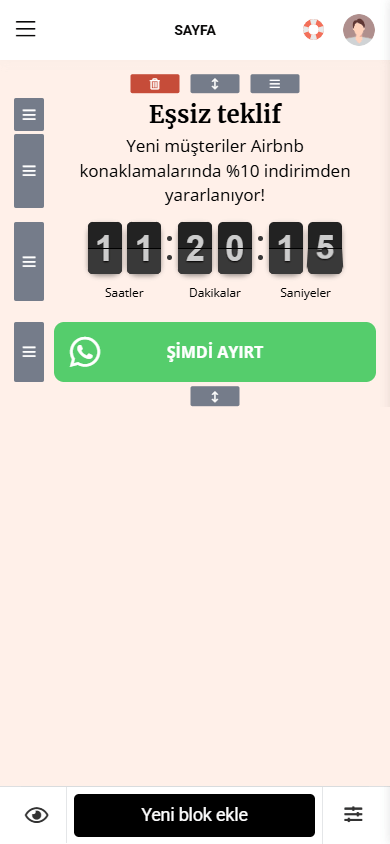 Taplink oluşturucuda Metin, Zamanlayıcı ve Mesajlaşma uygulaması bloklarından oluşan Sınırlı teklif bölümü