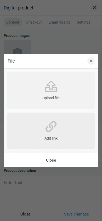A file settings pop-up window showing options to upload a file or add a link