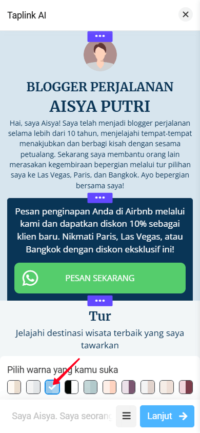 Skema warna biru diterapkan ke halaman yang dihasilkan di editor Taplink AI