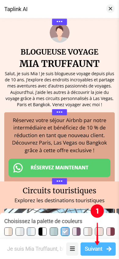 Appuyer sur le bouton Suivant dans le créateur de page Taplink AI