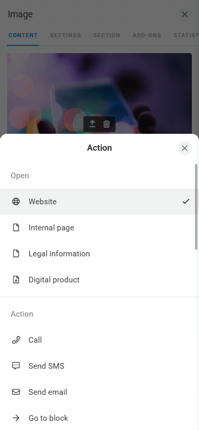 A list of available click actions in the Image block settings