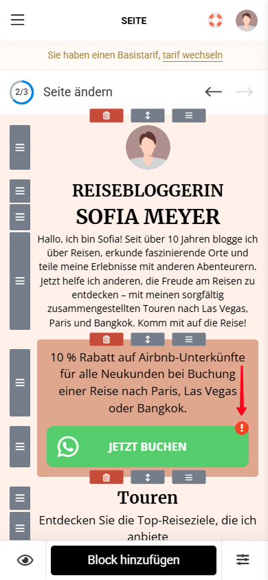 Ein Ausrufezeichen neben der mit einem roten Pfeil markierten Schaltfläche
