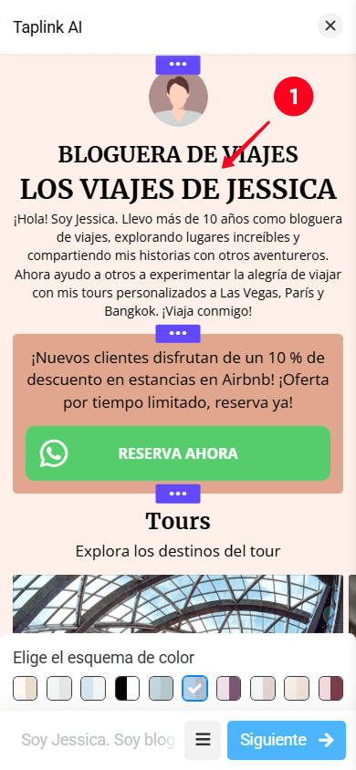 Tocando la sección en la interfaz de Taplink AI