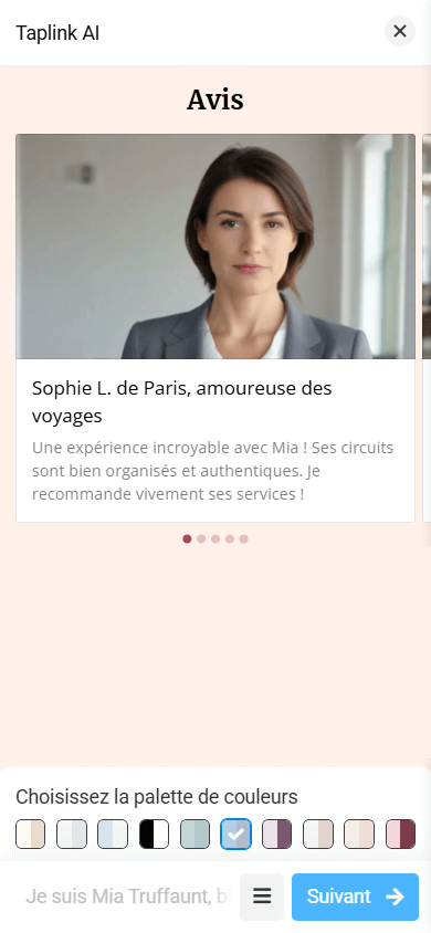 La section Avis avec une mise en page comprenant une grande image, un nom et du texte