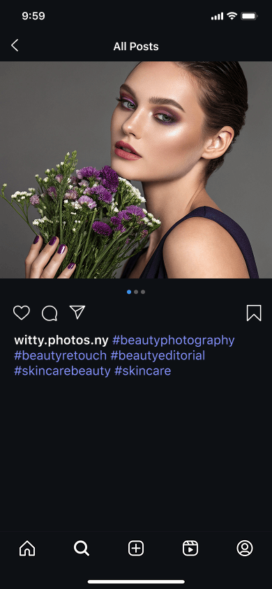 An Instagram post displaying a young woman with flowers and beauty photography hashtags