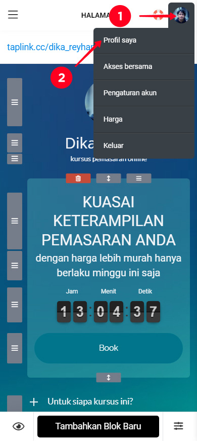 Mengetuk foto profil dan memilih Profil saya