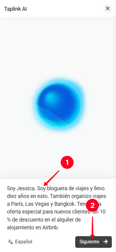 Ingresando la descripción del negocio y tocando el botón Siguiente en Taplink AI