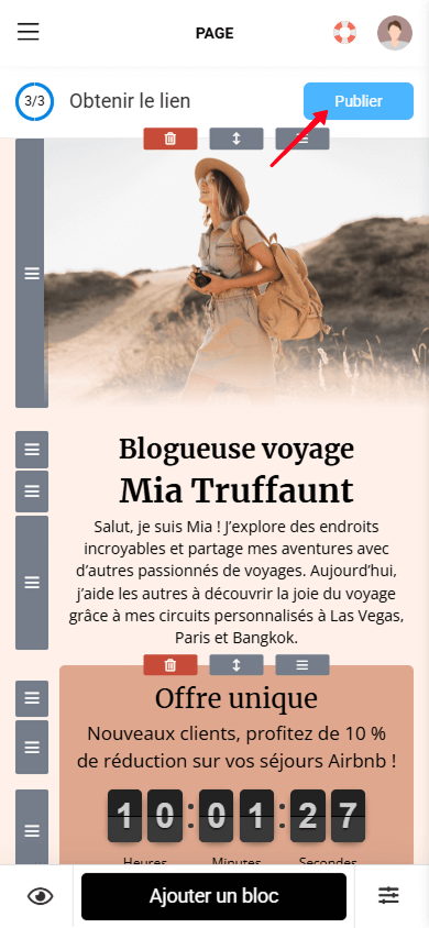 Appuyer sur le bouton Publier dans l’éditeur de page Taplink