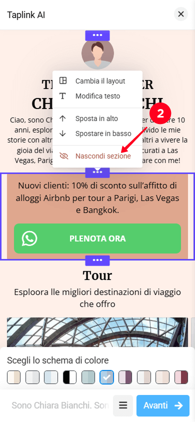Selezione dell’opzione Nascondi sezione nel menu a discesa delle impostazioni