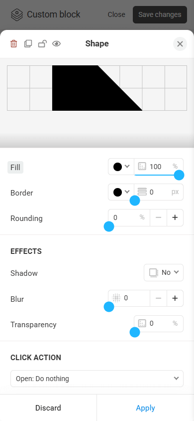 Effects and click action settings of the Shape element in Taplink’s Custom block