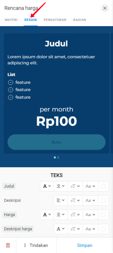 Tab Desain yang Disorot di pengaturan Rencana harga