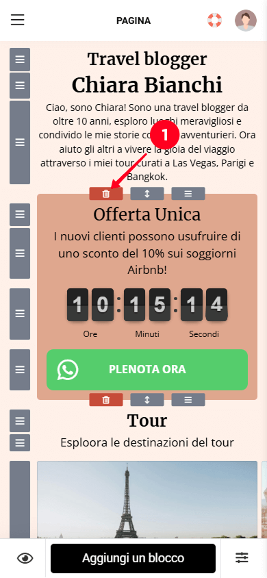 Tocco dell’icona del cestino per eliminare una sezione nel builder Taplink