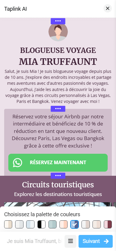Une page Taplink AI avec un schéma de couleurs rose