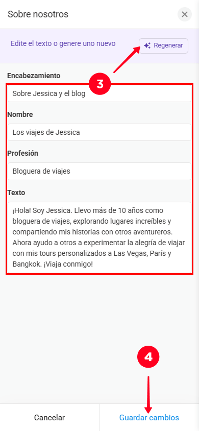 Editando texto, tocando el botón Regenerar y guardando los cambios en la ventana de configuración de la sección Sobre nosotros