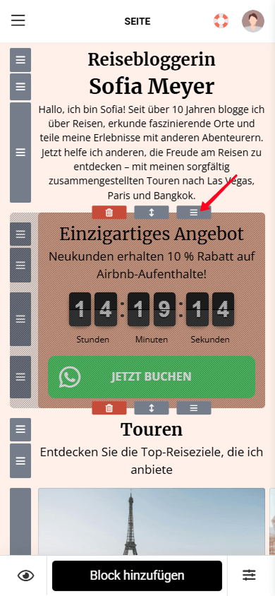 Halten des Drag-Symbols zum Verschieben eines Abschnitts im Taplink-Page-Builder