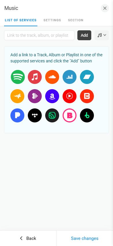 A list of music platforms available in Taplink