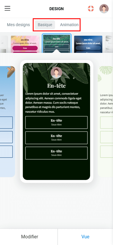 Les onglets Basique et Animation mis en évidence dans les paramètres de design de la page Taplink
