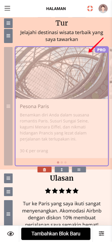 Blok Gambar carousel disorot dengan label Pro di editor halaman Taplink
