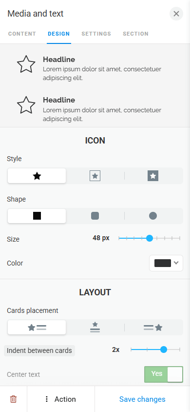 Design customization tab featuring icon and layout settings in the Media and text block