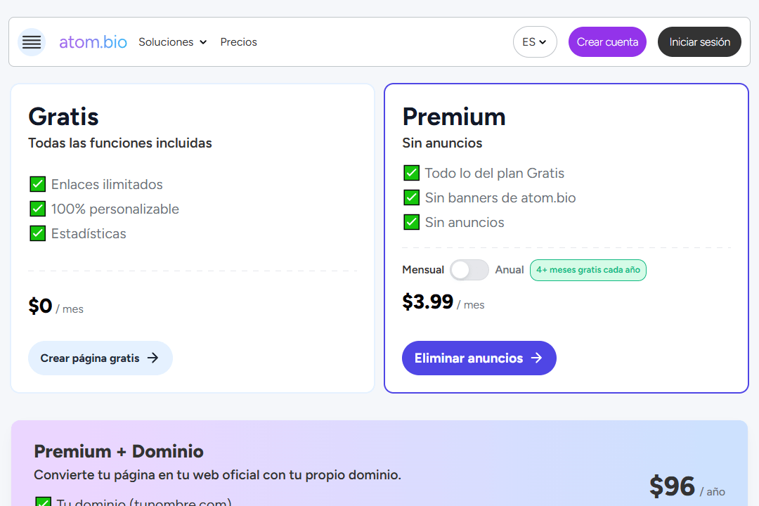 Página de planes de precios en el sitio web de atom.bio