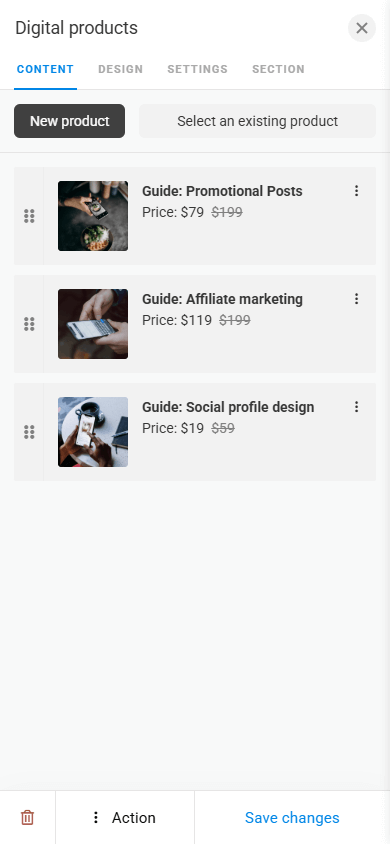 Digital products block settings page in Taplink