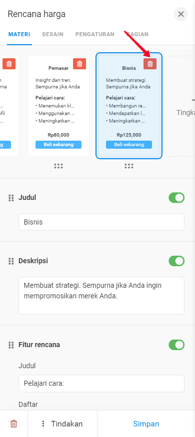 Mengetuk ikon sampah di Rencana harga