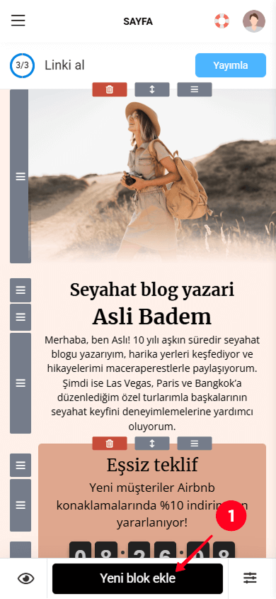 Taplink sayfa düzenleyicisinde Yeni blok ekle düğmesine dokunma