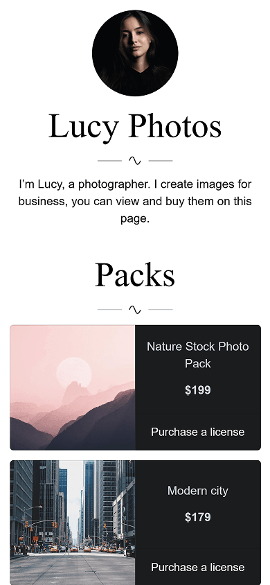 Photographer’s digital business card featuring her digital products