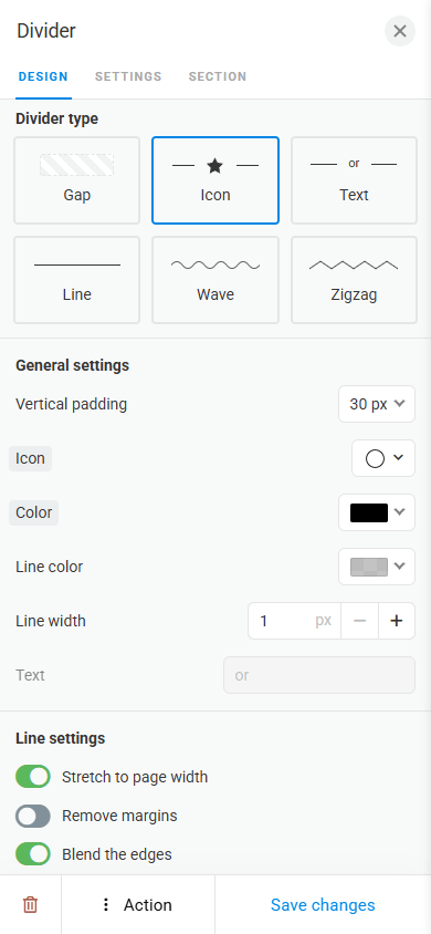 A Divider block settings page in Taplink