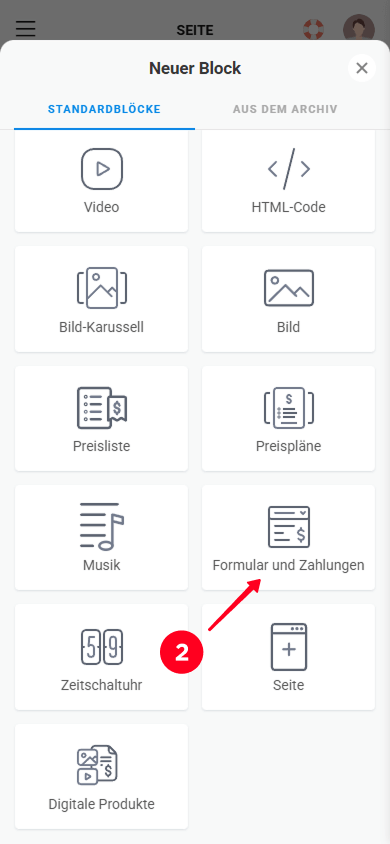 Auswählen des Blocks Formular und Zahlungen in der Taplink-Blockbibliothek