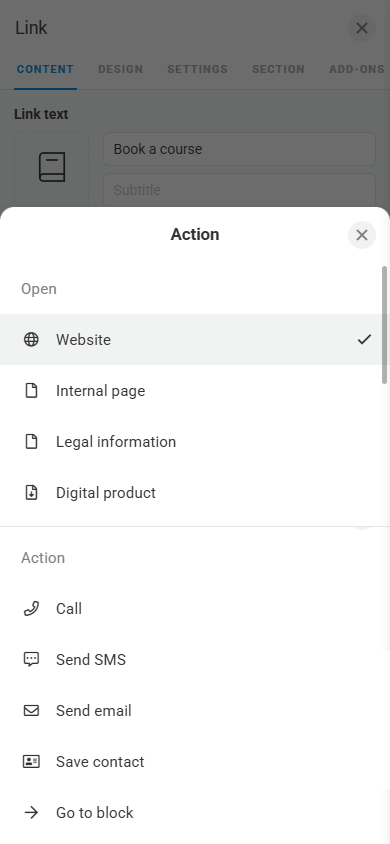 A click action settings window on the Link block customization page