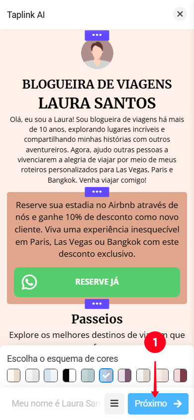 Tocando no botão Próximo no construtor de páginas do Taplink AI