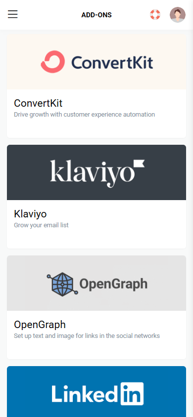 ConvertKit, Klaviyo, OpenGraph, and LinkedIn Insight Tag integrations in Taplink