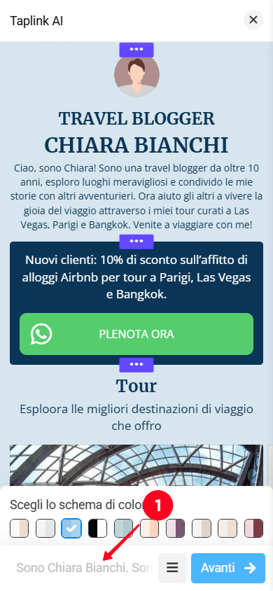 Tocco del campo di descrizione dell’attività nell’interfaccia Taplink AI