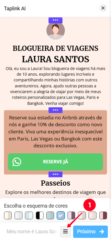 Abrindo as Configurações da seção no editor do Taplink AI