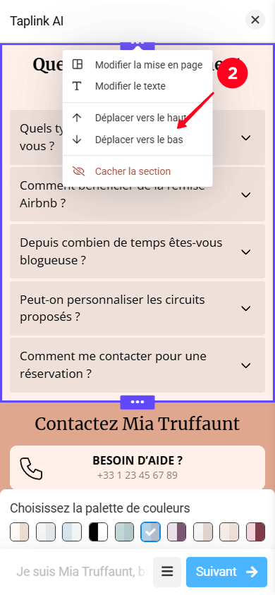 Sélectionner Déplacer vers le haut et Déplacer vers le bas dans le menu des paramètres de section